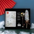 Chinese style gift set with feathered pens, metal sheath, and Jianhegui notebook in four colour themes.