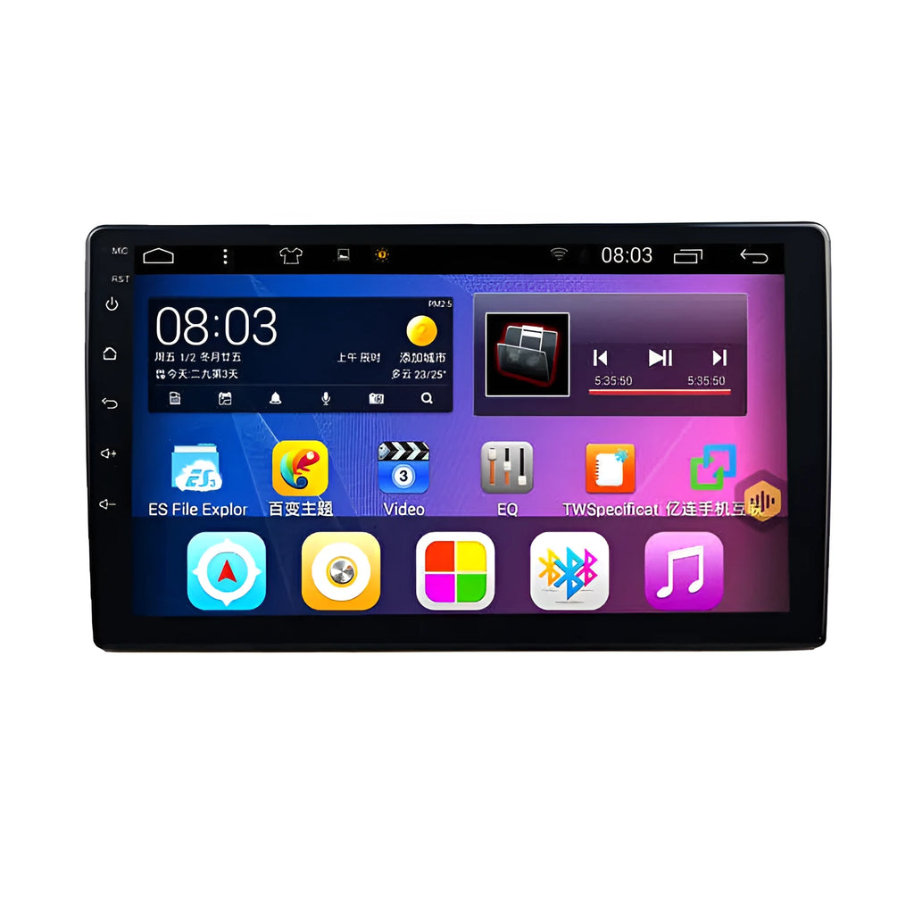 Black GM car navigation system with large rotating LCD screen showing map display