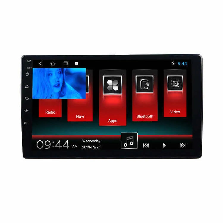 Black GM car navigation system with large rotating LCD screen showing map display