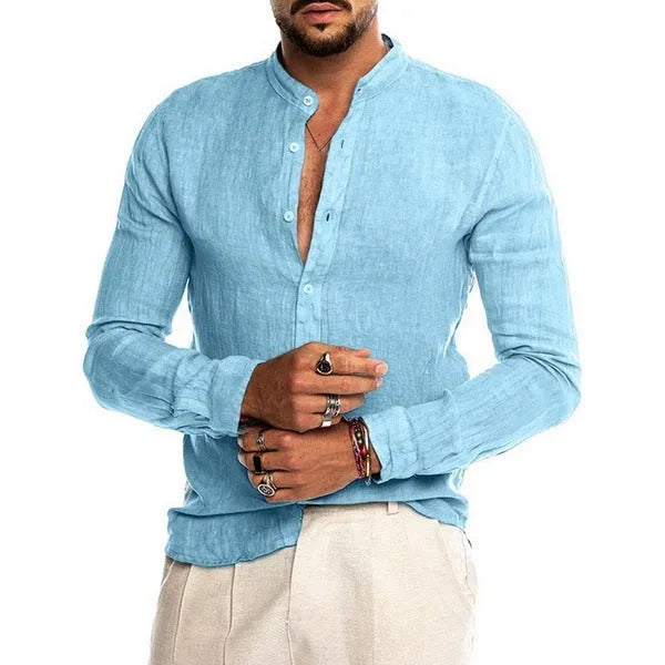 Men's linen cardigan, stand collar, long sleeve, casual autumn shirt in navy blue, army green, khaki, and white.