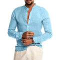 Men's linen cardigan, stand collar, long sleeve, casual autumn shirt in navy blue, army green, khaki, and white.