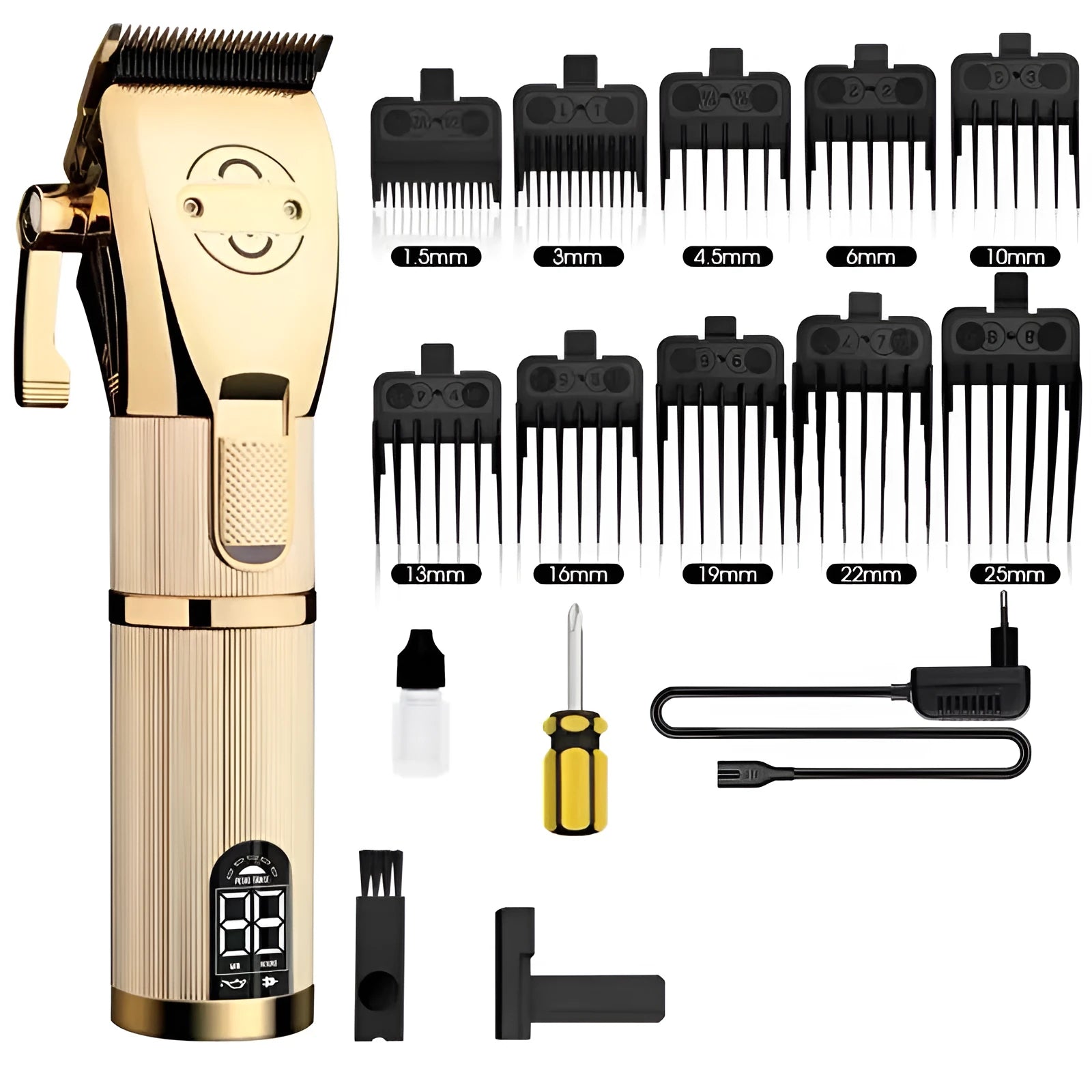 Gold coloured cordless hair clipper with 25W power and dual charging system