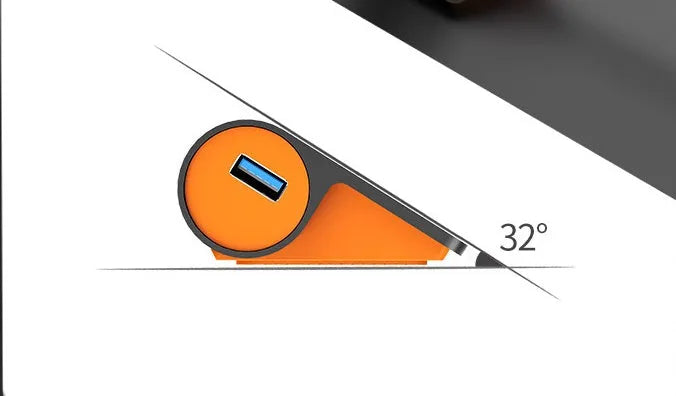 Dark grey and orange aluminium USB 3.1 hub with four ports and detachable cable