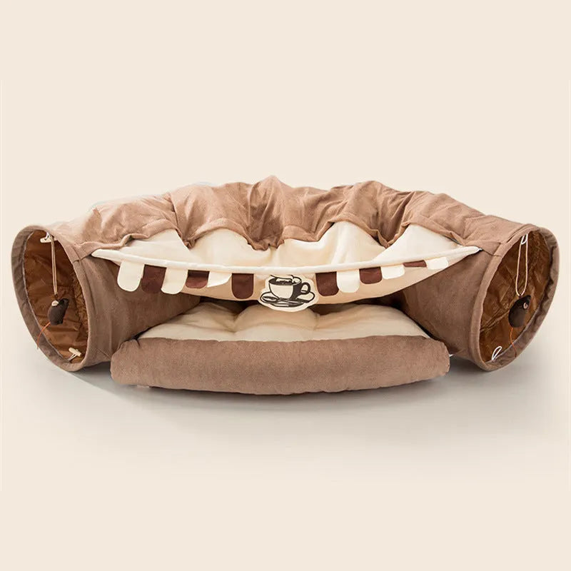 Collapsible cloth cat tunnel folded and unfolded showing Bar, Coffee, Matcha, Pink colour options
