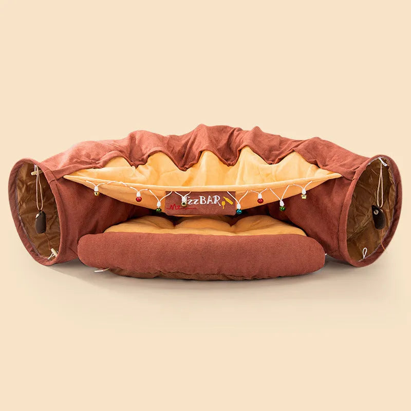 Collapsible cloth cat tunnel folded and unfolded showing Bar, Coffee, Matcha, Pink colour options