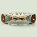 Collapsible cloth cat tunnel folded and unfolded showing Bar, Coffee, Matcha, Pink colour options