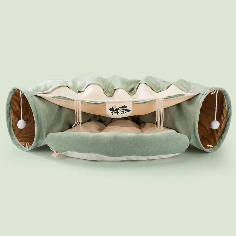 Collapsible cloth cat tunnel folded and unfolded showing Bar, Coffee, Matcha, Pink colour options