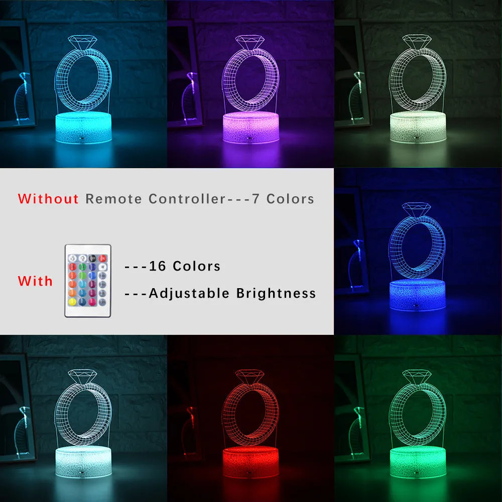 3D diamond ring design LED night light with colour changing lights and touch control