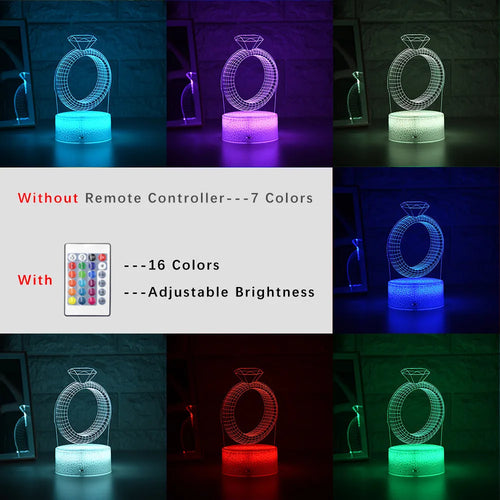 3D diamond ring design LED night light with colour changing lights and touch control