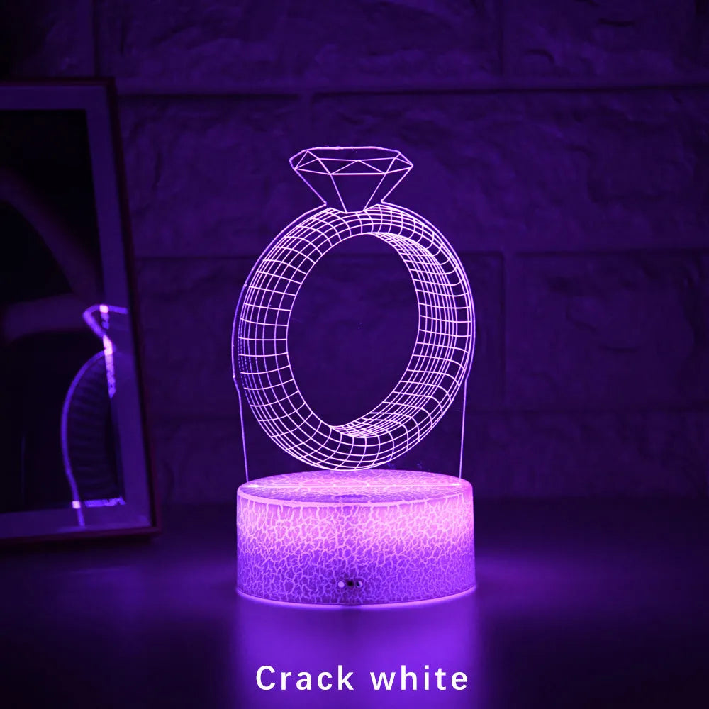 3D diamond ring design LED night light with colour changing lights and touch control