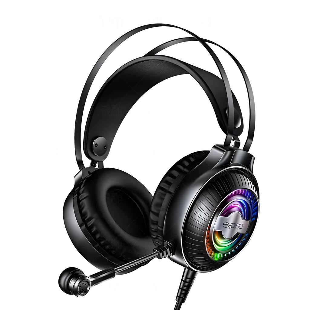 Wired PC headset with microphone in black or white colours showing 50mm speakers and 3.5mm plug