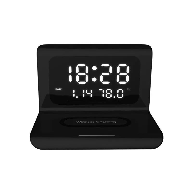 White wireless charging alarm clock with digital display showing time, date, temperature and humidity readings