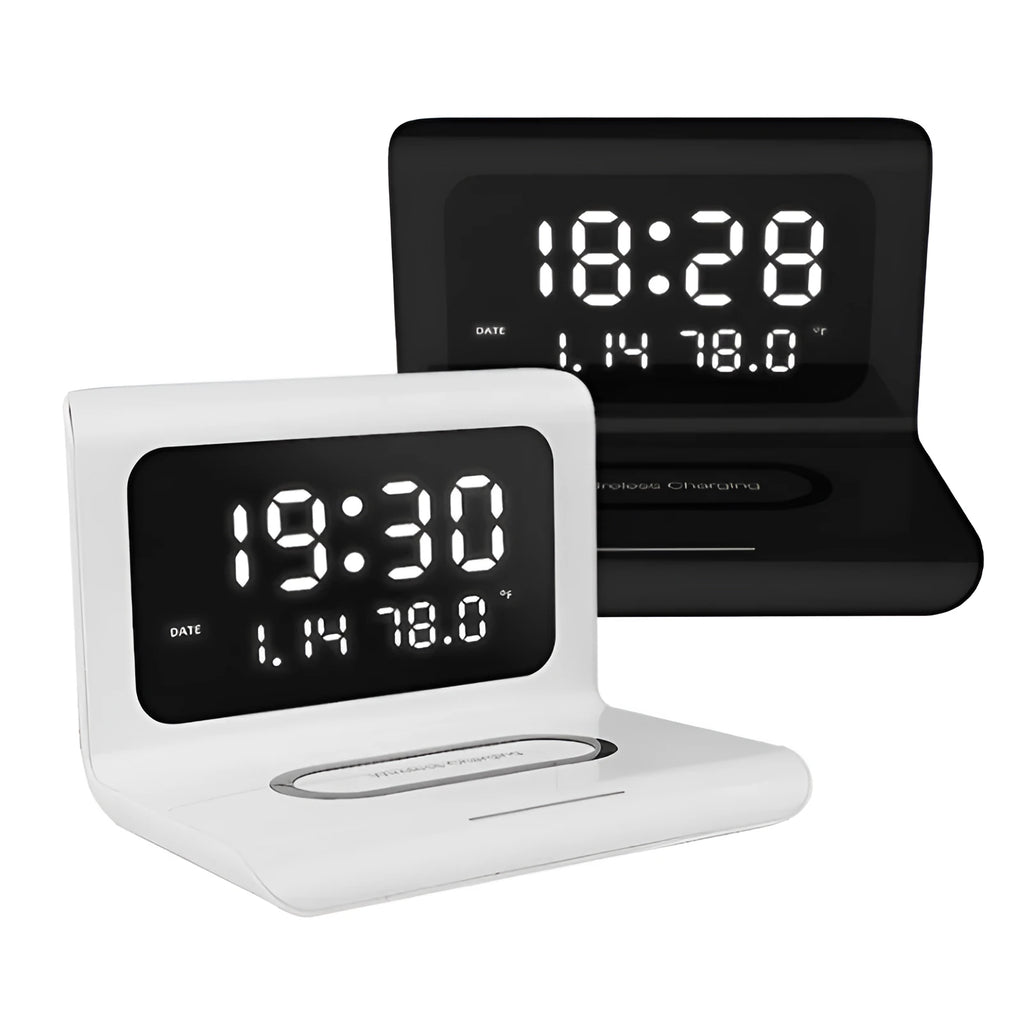 White wireless charging alarm clock with digital display showing time, date, temperature and humidity readings