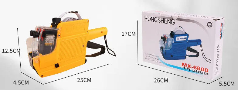 Manual supermarket price coding machine in blue, red or yellow with ink roller and paper