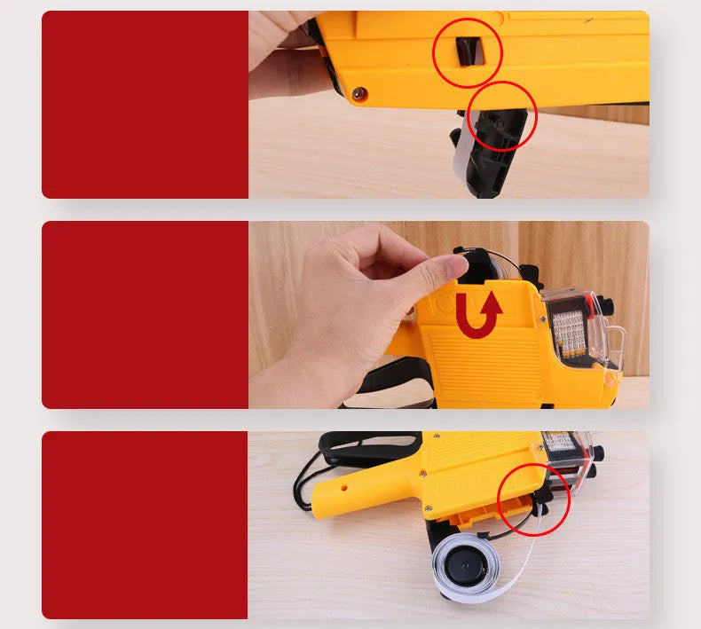 Manual supermarket price coding machine in blue, red or yellow with ink roller and paper