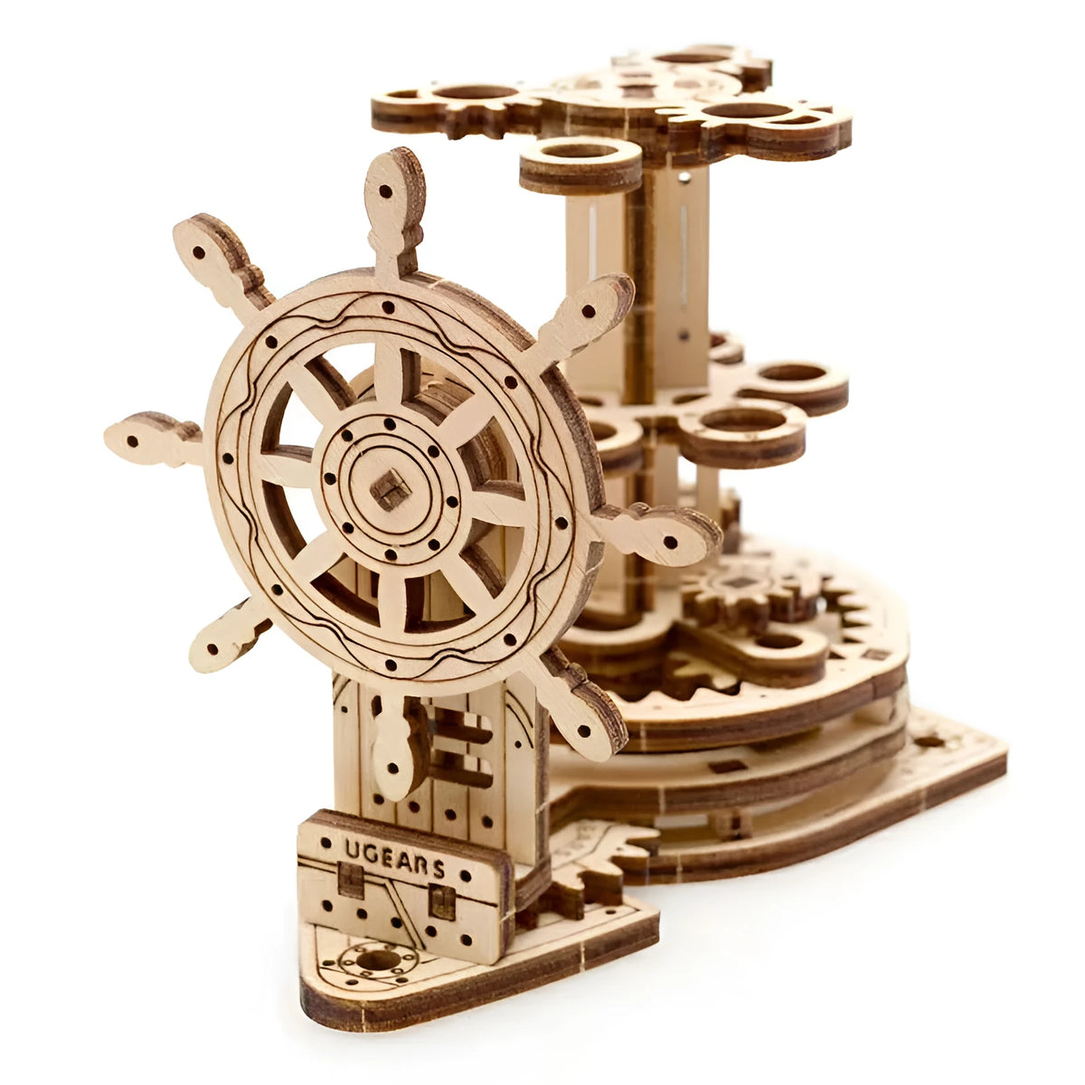 Ukrainian wooden rotating pen holder with steering wheel mechanism on natural wood desk