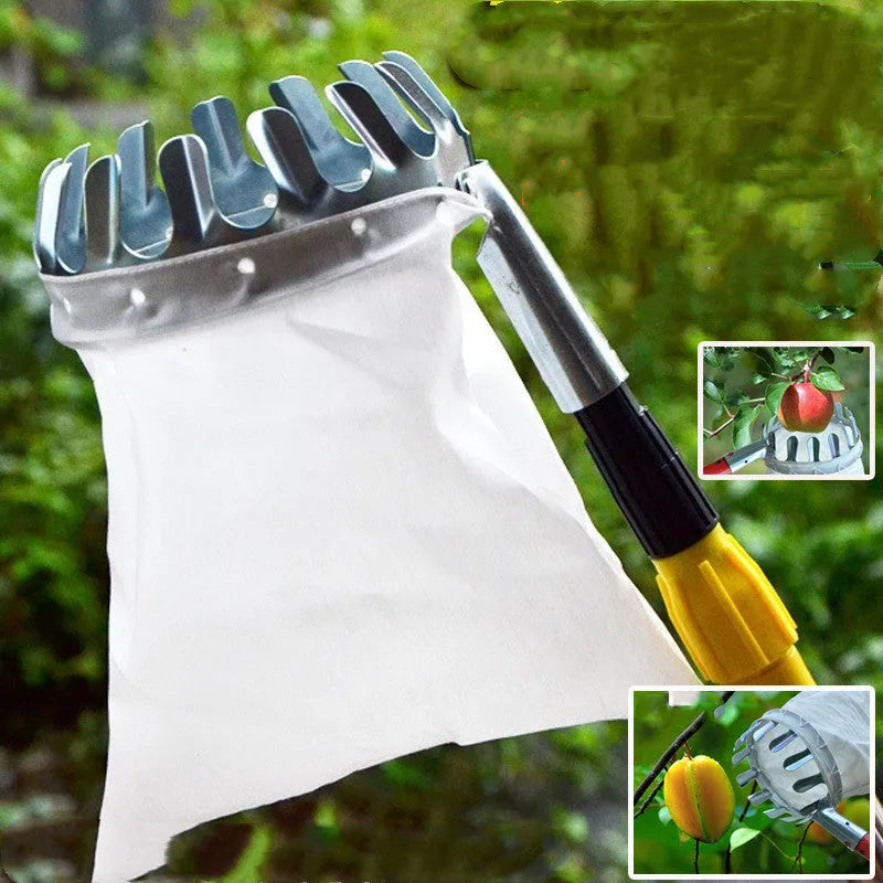 Steel frame fruit picker tool with a cloth collection bag for harvesting garden fruit.