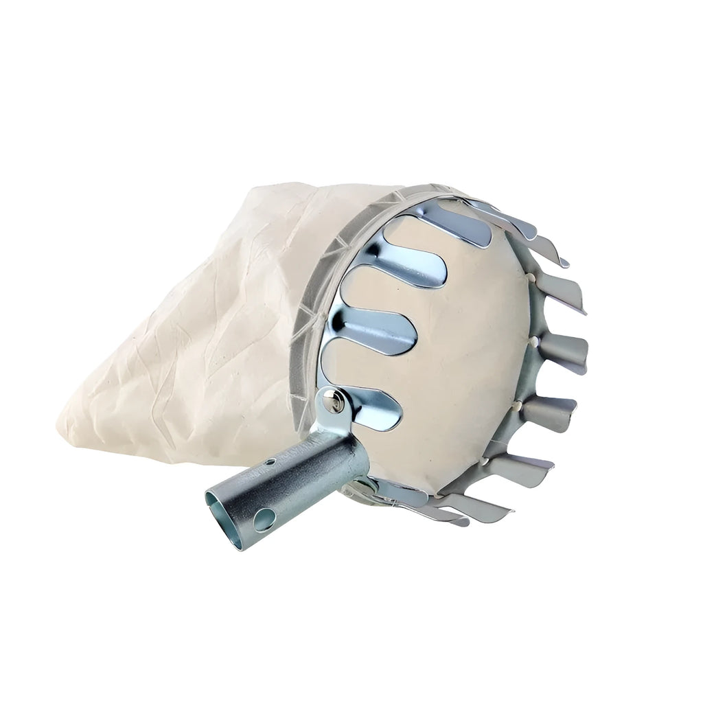 Steel frame fruit picker tool with a cloth collection bag for harvesting garden fruit.