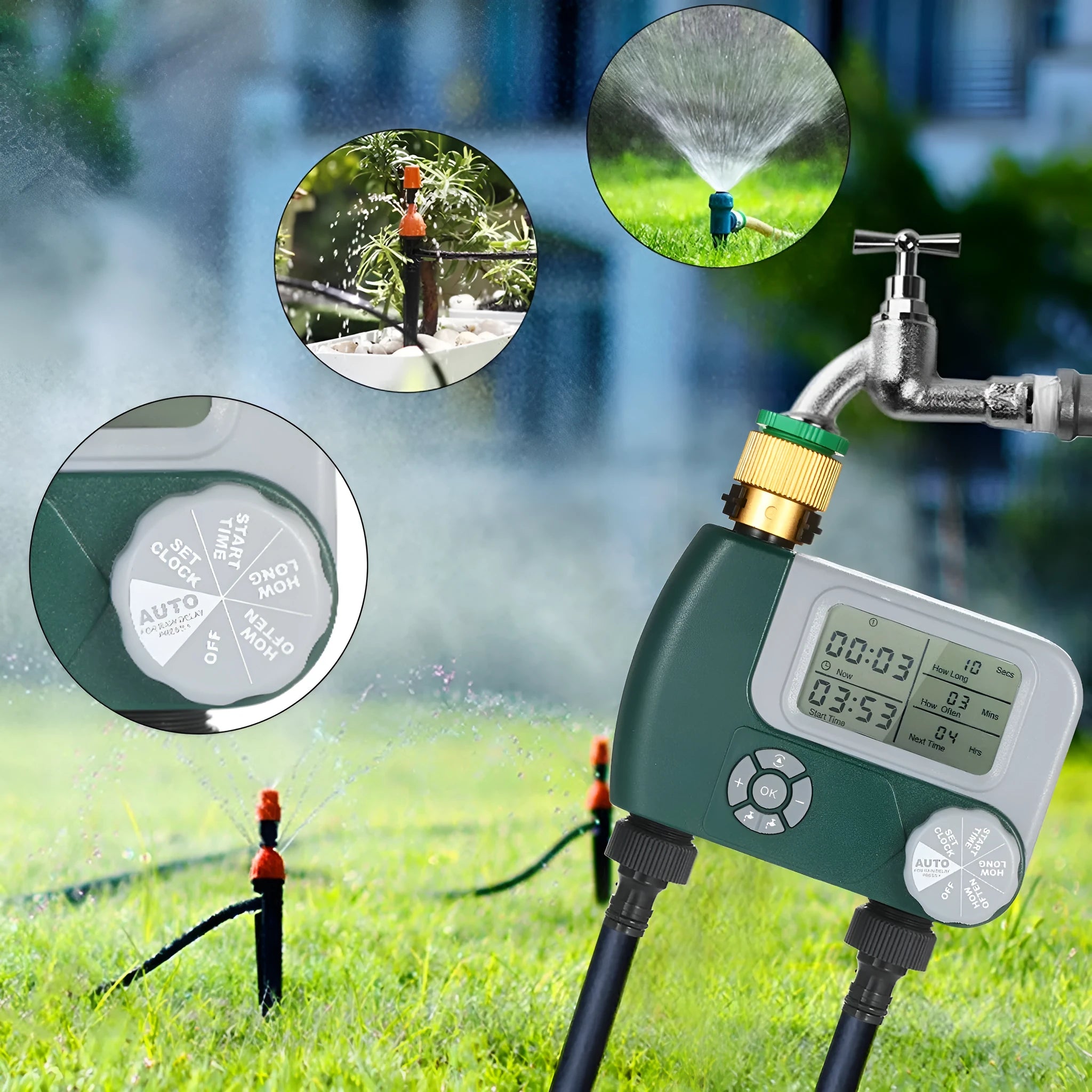 Green digital programmable water timer for garden hose with copper connector and LCD screen.