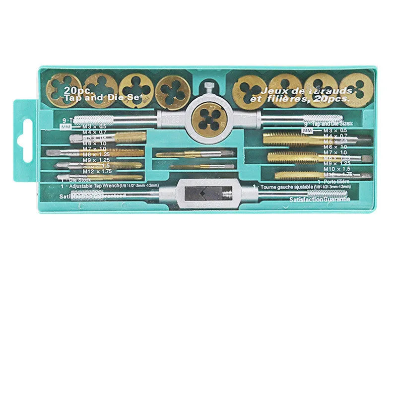 20-piece metric hand tap and die set in silver alloy steel or titanium-plated finish for manual threading