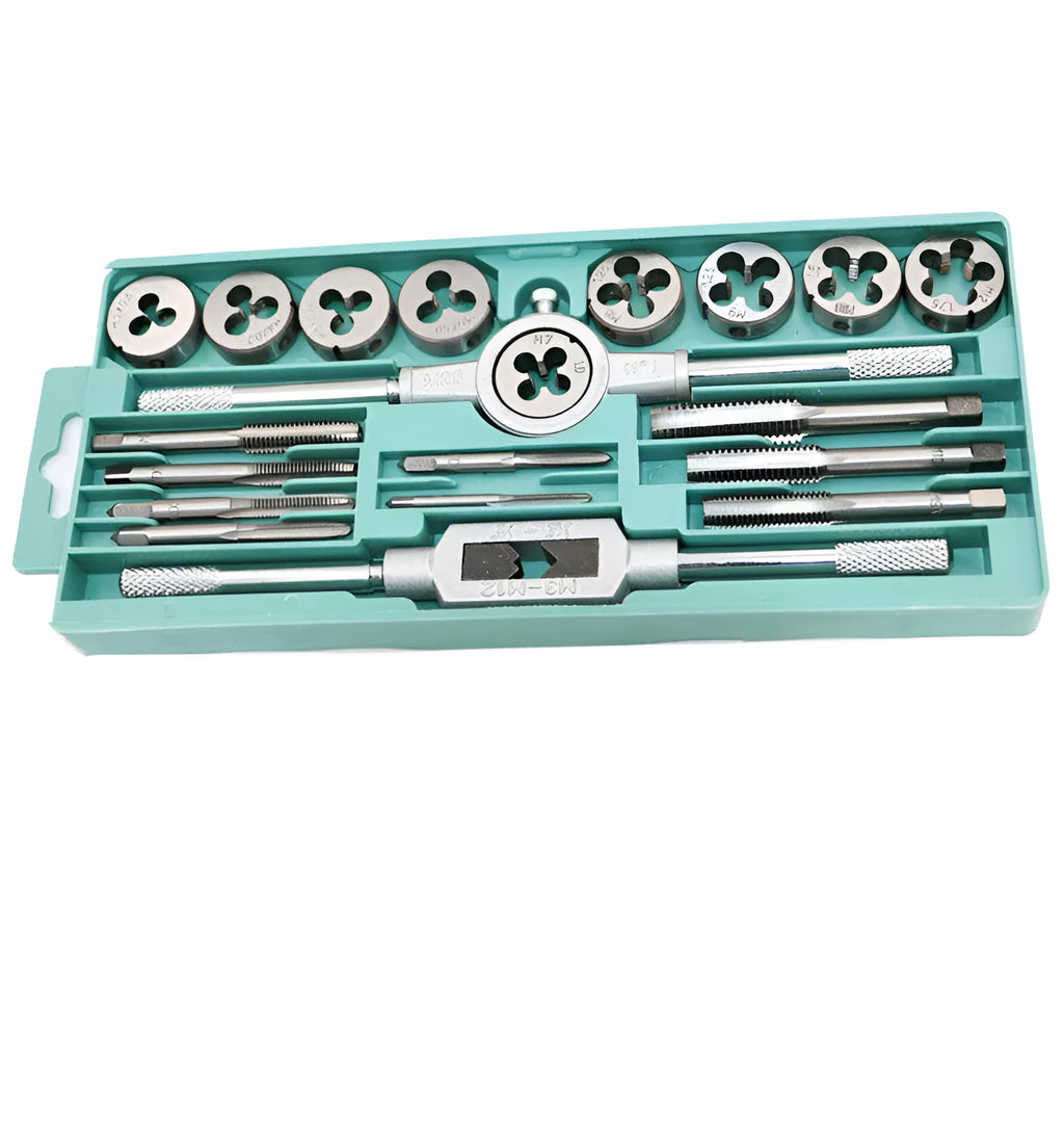 20-piece metric hand tap and die set in silver alloy steel or titanium-plated finish for manual threading