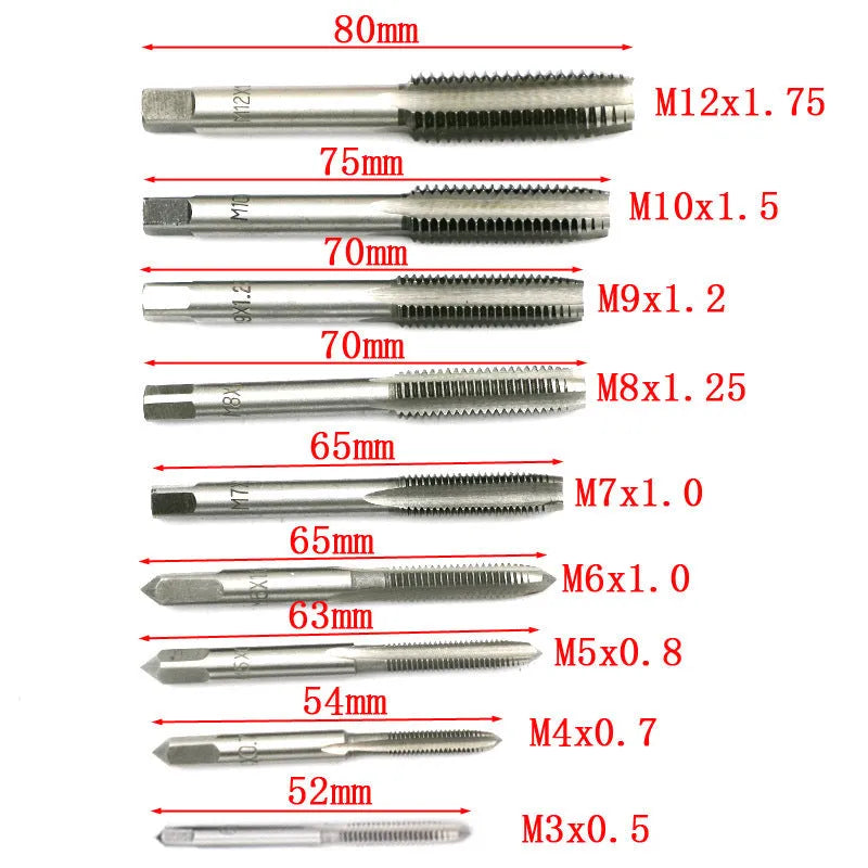 20-piece metric hand tap and die set in silver alloy steel or titanium-plated finish for manual threading
