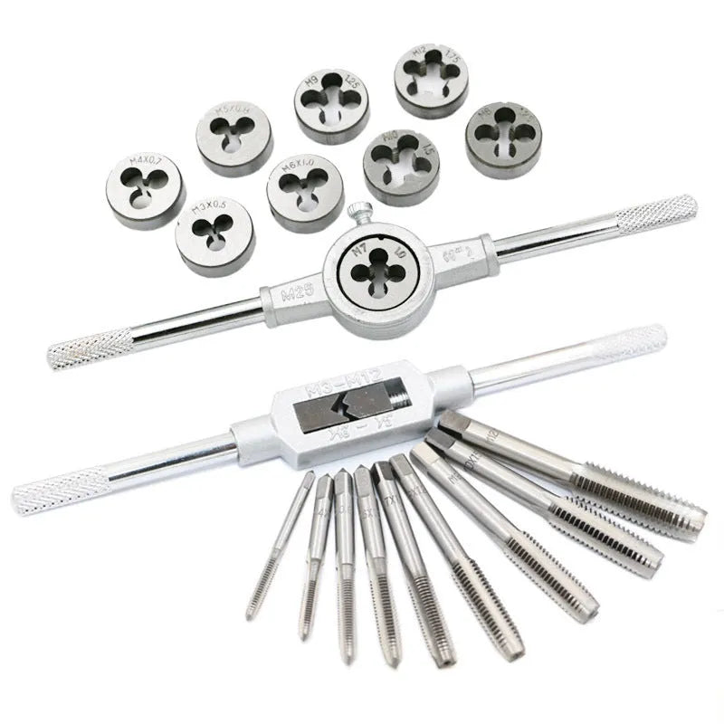 20-piece metric hand tap and die set in silver alloy steel or titanium-plated finish for manual threading