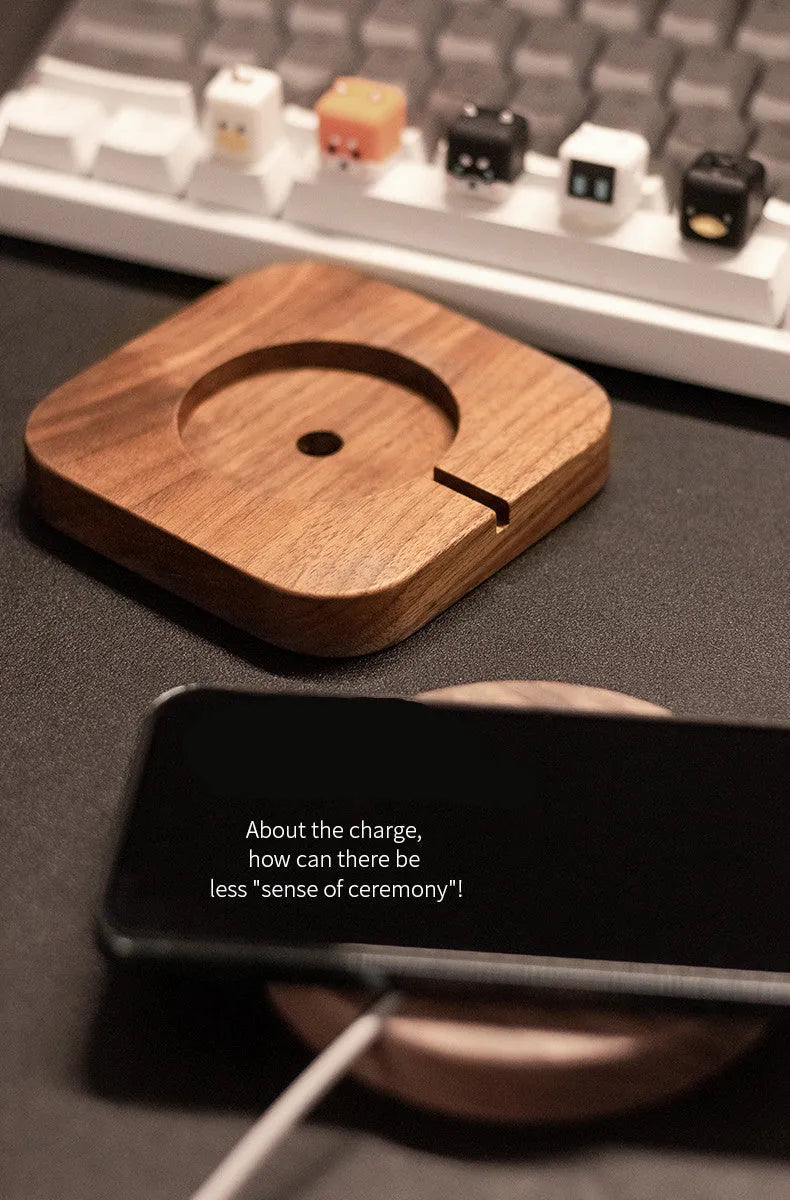 Walnut solid wood magnetic wireless charger bracket base with round and square section options