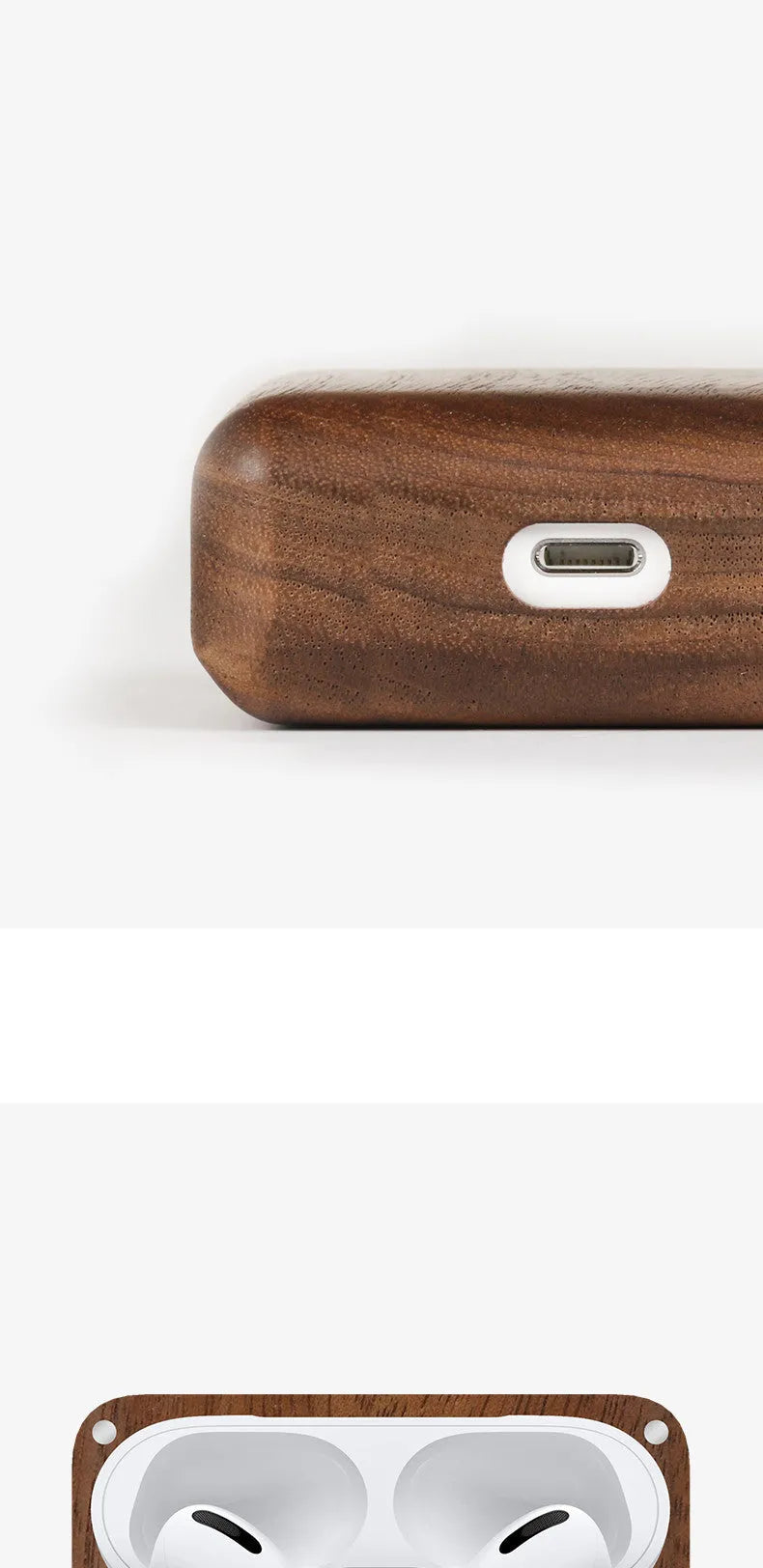 Solid wood protective sleeve for Apple AirPods Pro wireless earphones in a natural finish.