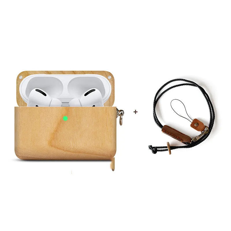 Solid wood protective sleeve for Apple AirPods Pro wireless earphones in a natural finish.
