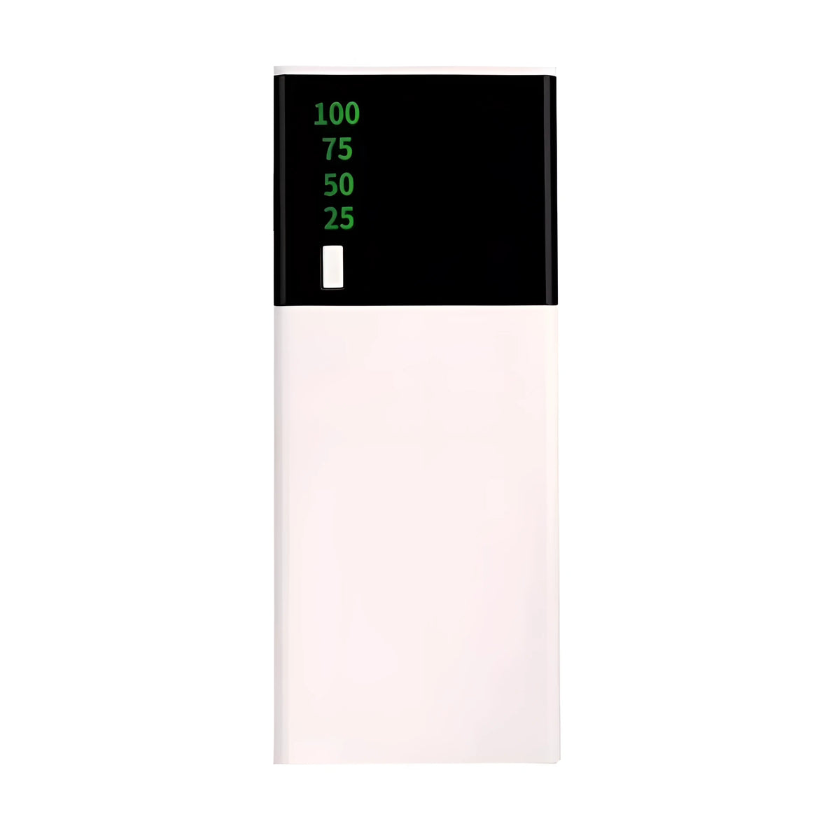 Black 20000mAh portable power bank and charging cable on a white background