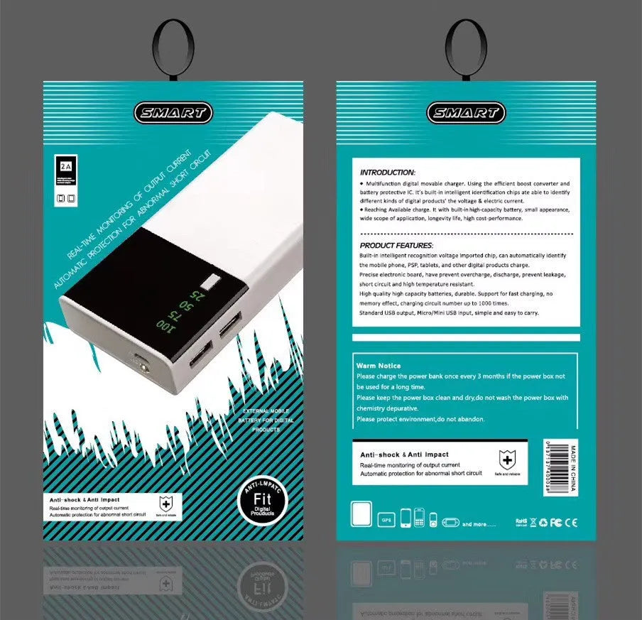 Black 20000mAh portable power bank and charging cable on a white background