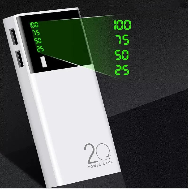 Black 20000mAh portable power bank and charging cable on a white background
