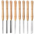 Eight chrome vanadium steel woodturning tools mounted in wooden storage box