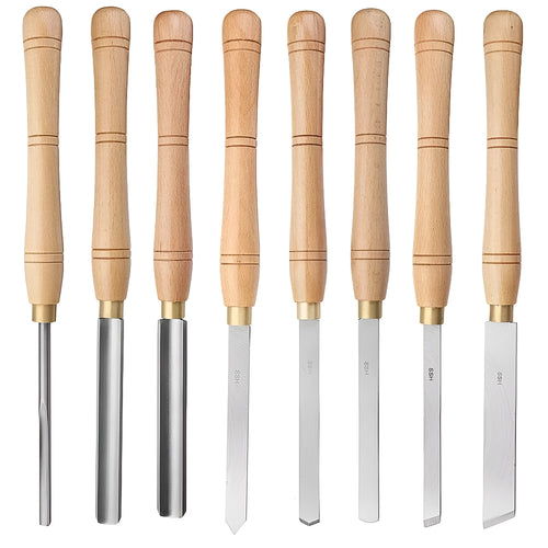 Eight chrome vanadium steel woodturning tools mounted in wooden storage box