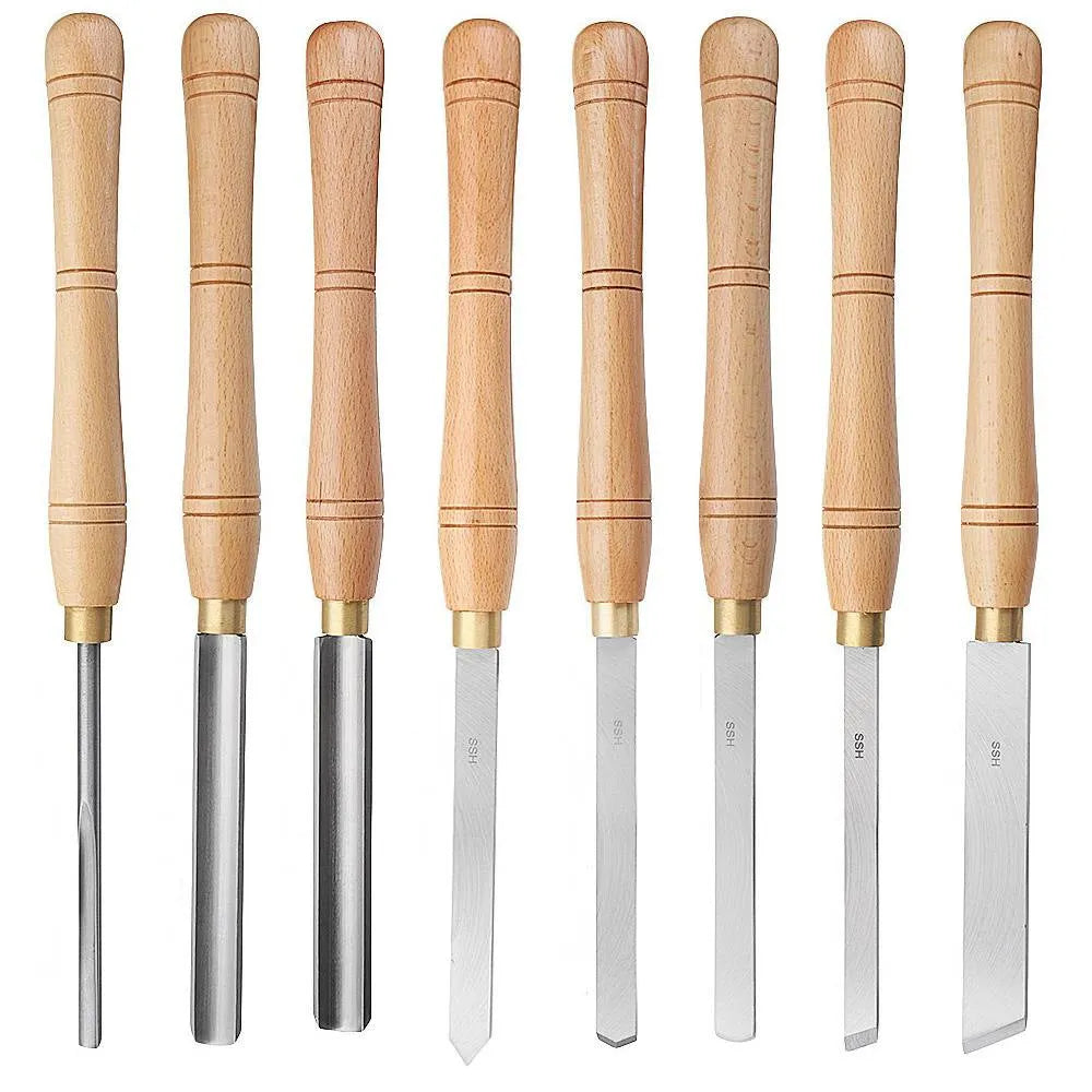 Eight chrome vanadium steel woodturning tools mounted in wooden storage box