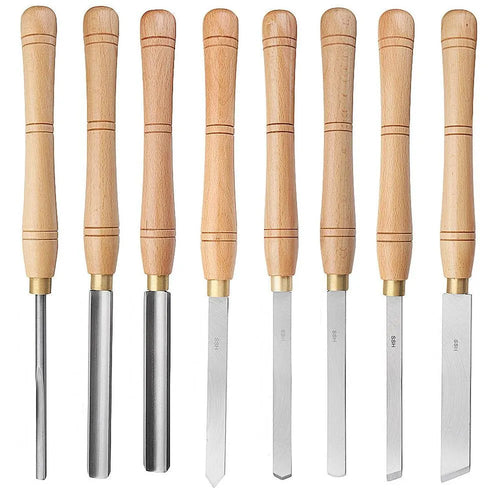 Eight chrome vanadium steel woodturning tools mounted in wooden storage box