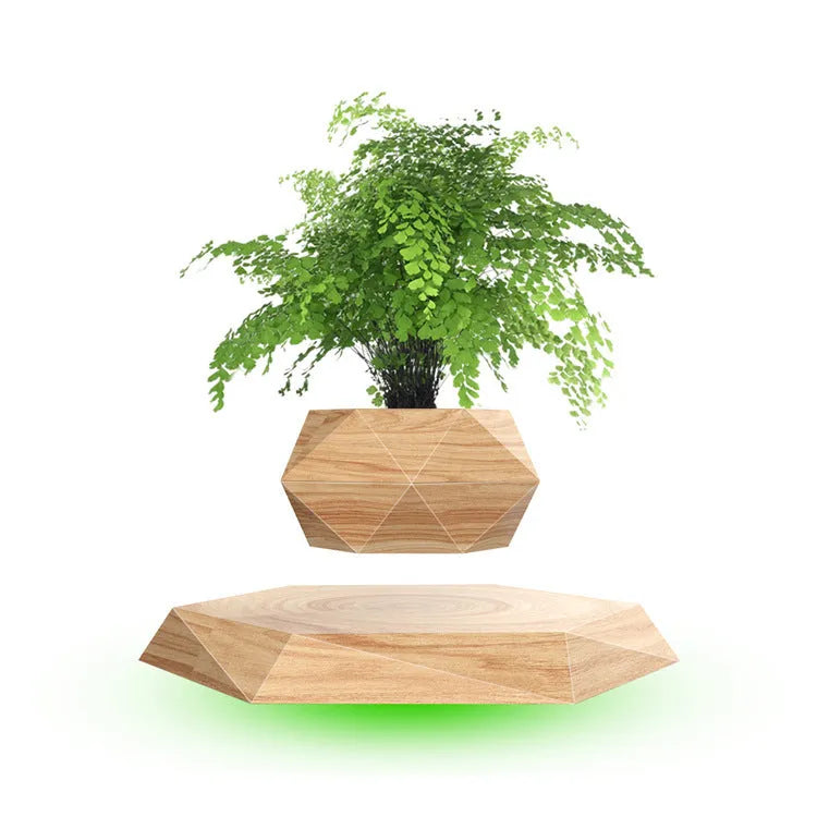 Magnetic floating bonsai plant rack with wood grain lower seat, 17x3cm creative gift ornament