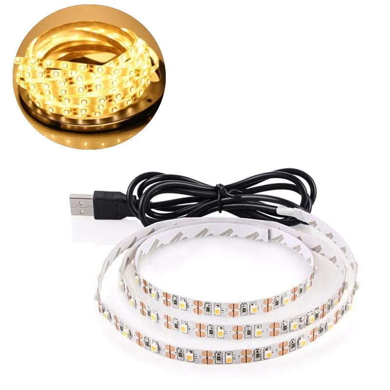 One-metre long flexible USB LED light strip showing SMD5050 LEDs, with a white USB connection cable.