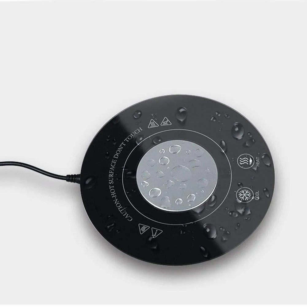 Black hot cold beverage coaster with USB cable connection and tempered glass surface