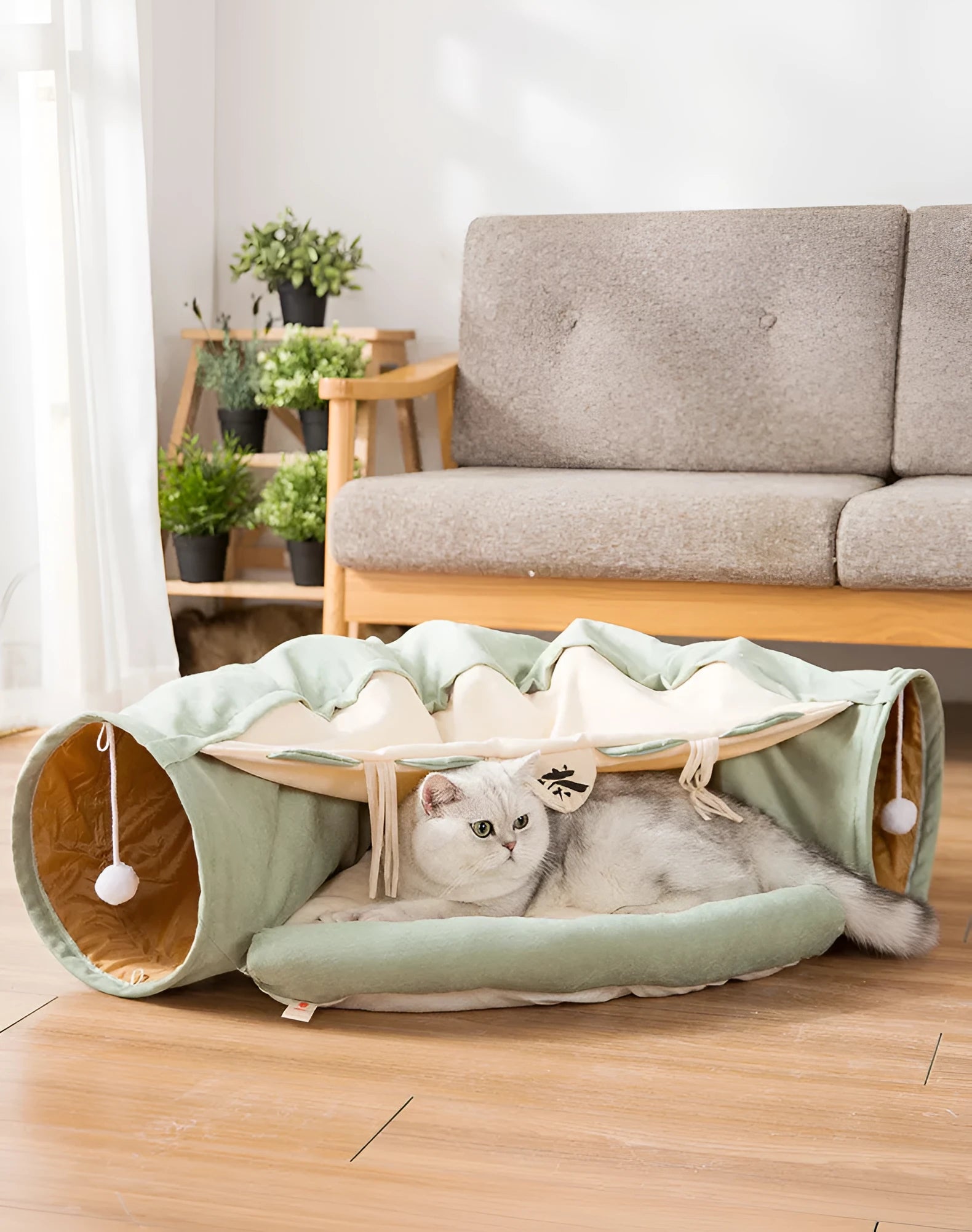 Collapsible cloth cat tunnel folded and unfolded showing Bar, Coffee, Matcha, Pink colour options