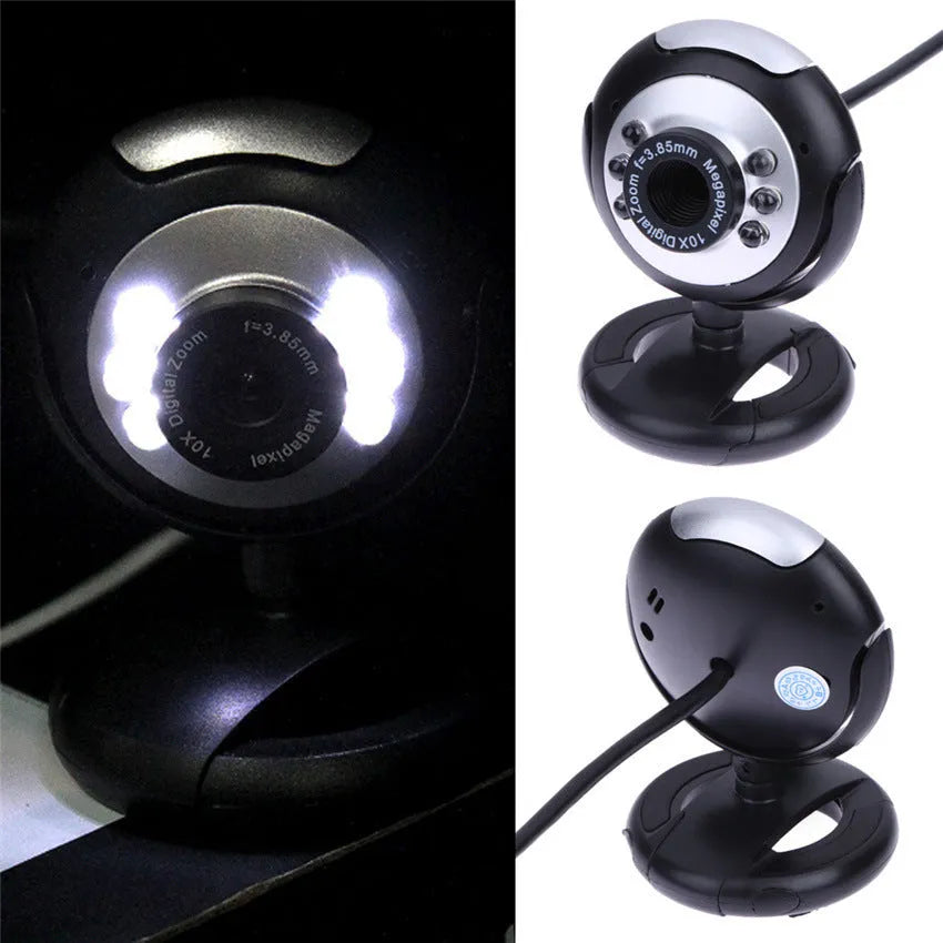 USB computer webcam with six LED lights around lens and built-in microphone
