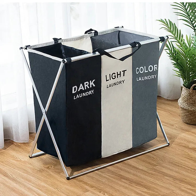 Collapsible multi-compartment laundry hamper in Oxford cloth and aluminium tube, 60 x 39 x 60 cm two-grid size