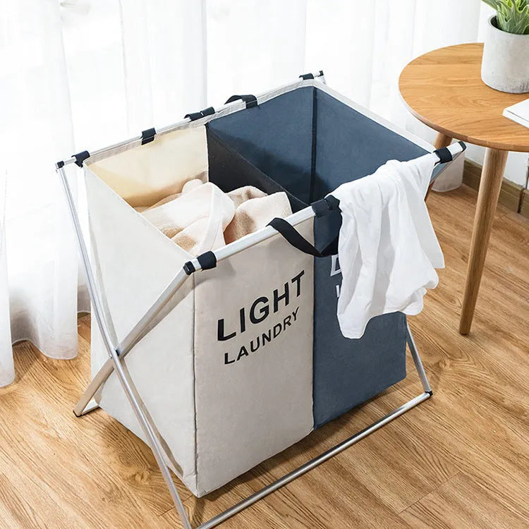 Collapsible multi-compartment laundry hamper in Oxford cloth and aluminium tube, 60 x 39 x 60 cm two-grid size