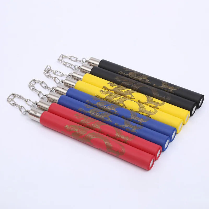 Red sponge nunchakus with 28cm sticks connected by 16cm chain, total length 75.5cm