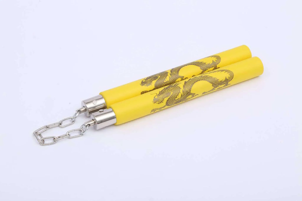 Red sponge nunchakus with 28cm sticks connected by 16cm chain, total length 75.5cm