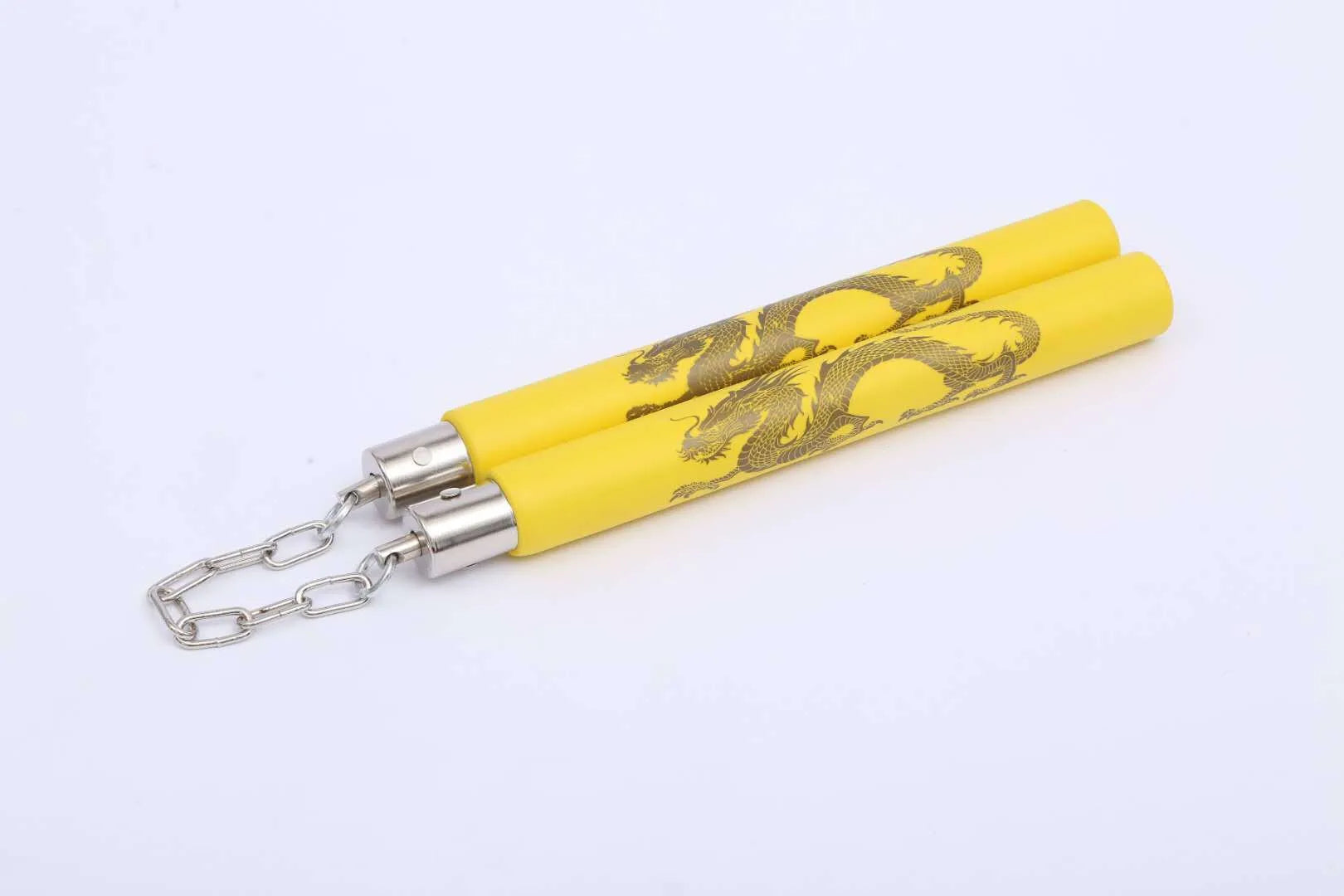 Red sponge nunchakus with 28cm sticks connected by 16cm chain, total length 75.5cm