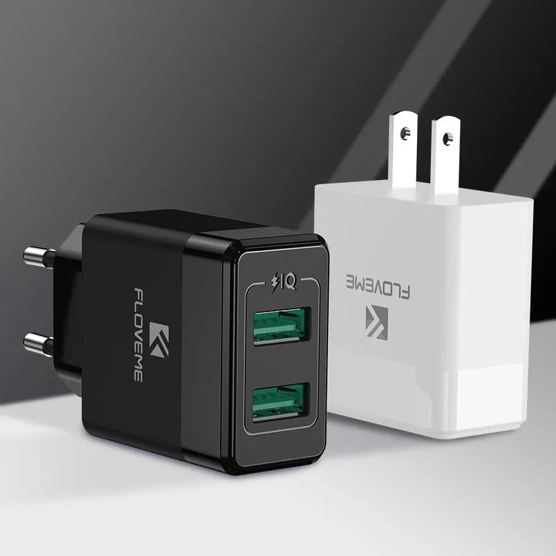 Dual-standard US and European travel charger with USB port in black or white colour