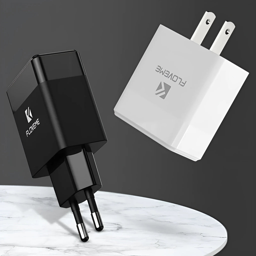 Dual-standard US and European travel charger with USB port in black or white colour