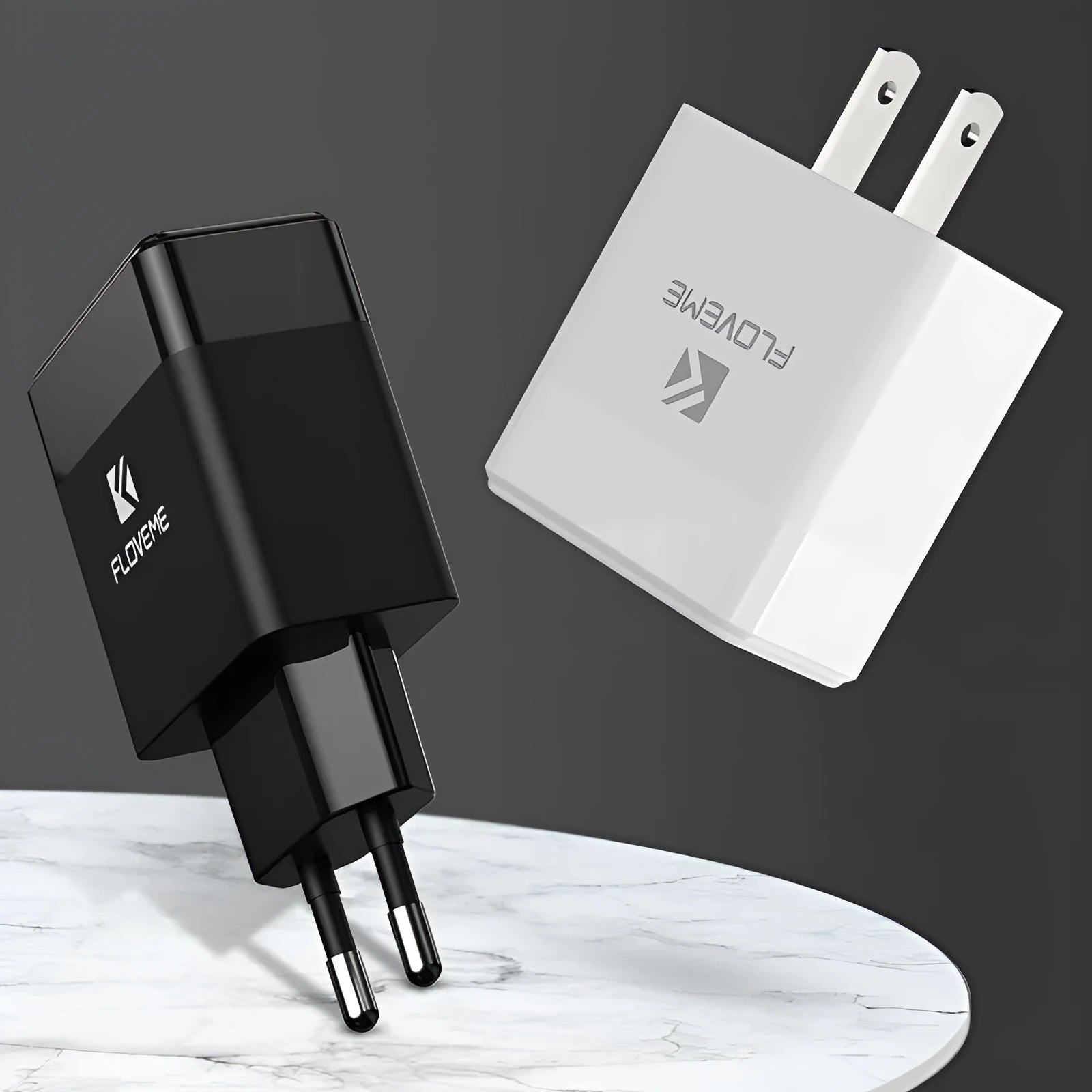 Dual-standard US and European travel charger with USB port in black or white colour